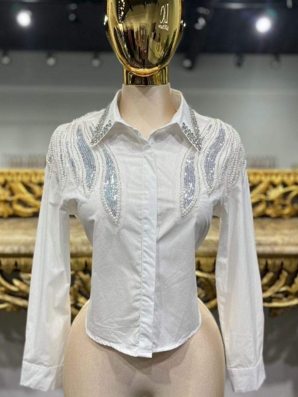White Beaded Button-Down Shirt with Crystal Embellished Shoulders